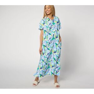 Stan Herman Women's Plus Sz Dress 1X Button Placket Woven Caftan Blue A668699